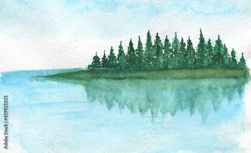 Watercolor clipart, Mountains lake trees clouds travel painting landscape watercolor  wall art.Watercolor clipart Mountains, Summer camping .