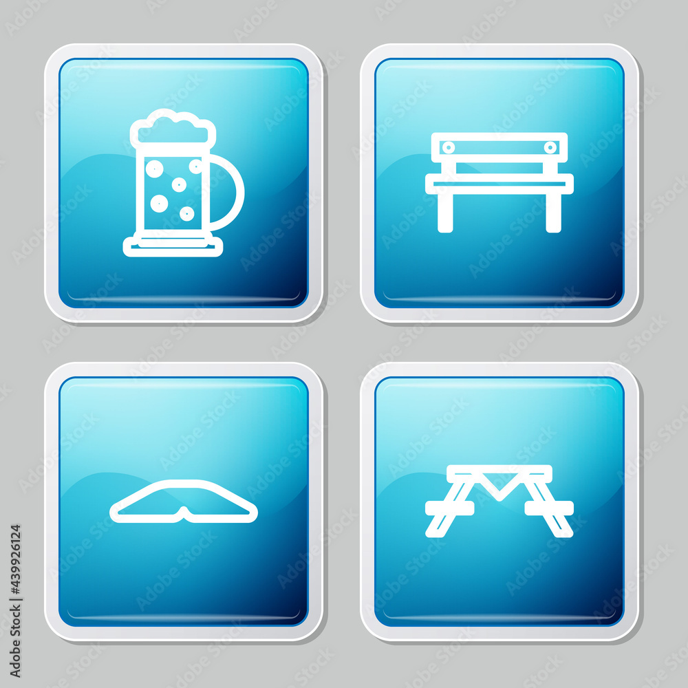 Set line Wooden beer mug, Bench, Homemade pie and Picnic table with benches icon. Vector Set line Wooden beer mug, Bench, Homemade pie and Picnic table with benches icon. Vector