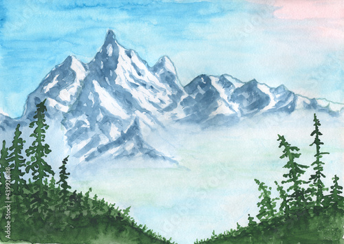 Watercolor clipart Mountains, Summer camping . landscape, travel, watercolor forest, wall art. © SavirinaArt