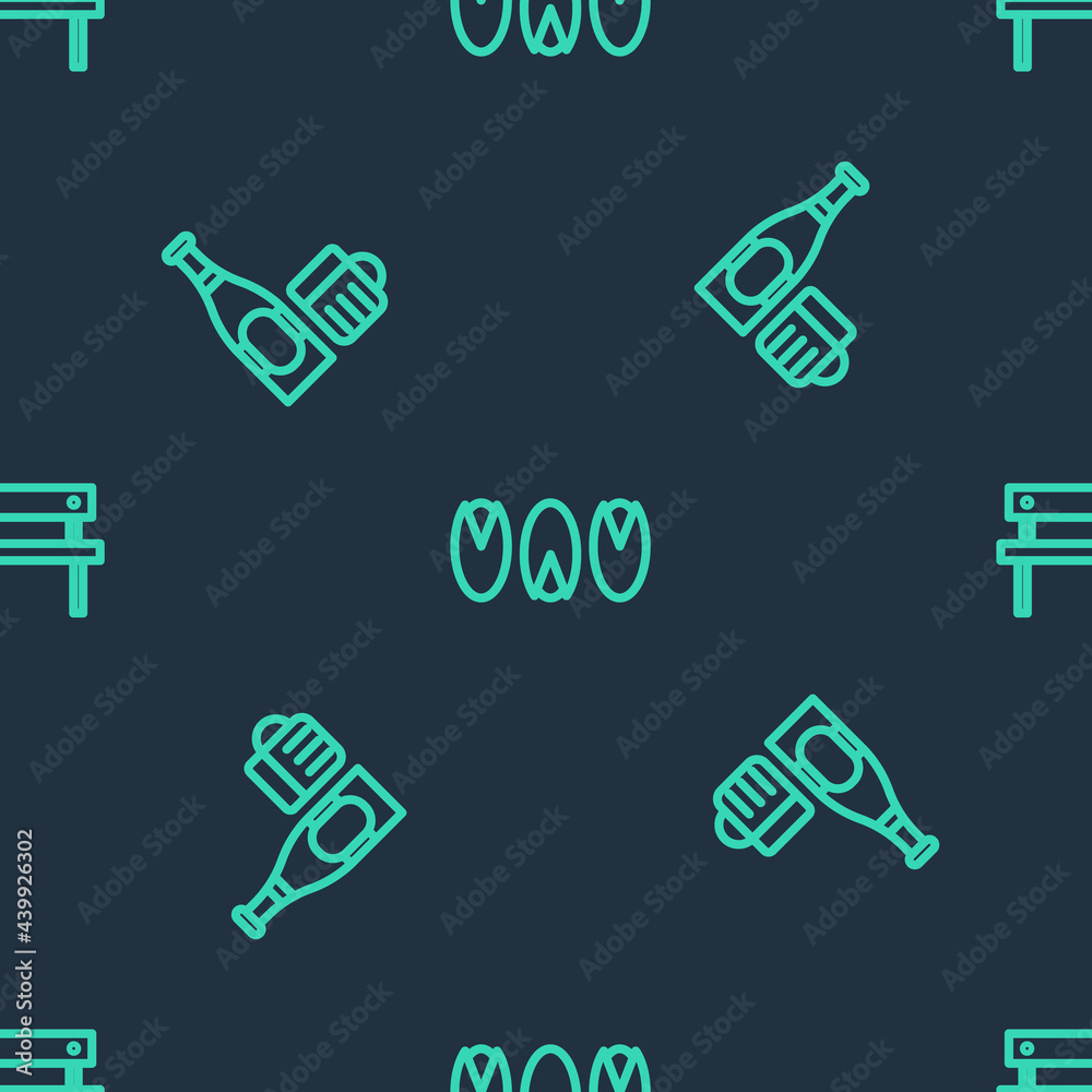 Set line Pistachio nuts, Beer bottle and glass and Bench on seamless pattern. Vector