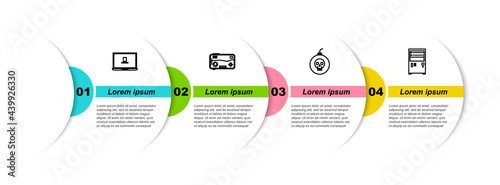Set line Laptop, Mobile and playing in game, Bomb ready explode and Computer. Business infographic template. Vector