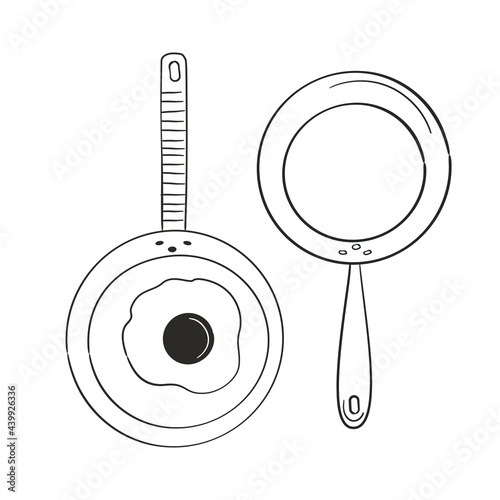 Sketch fry pan in doodle style. Hand drawing vector illustration.