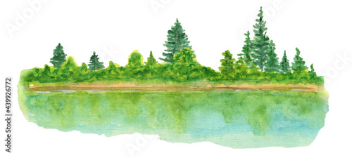 Watercolor clipart, Mountains lake trees clouds travel painting landscape watercolor  wall art.Watercolor clipart Mountains, Summer camping . photo