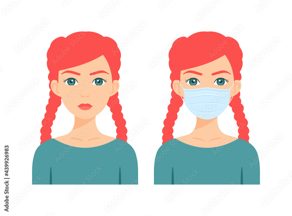 Portrait of a beautiful red haired girl with a medical mask on her face.Pretty woman and a surgical mask for diseases and virus.Avatar for medicine design.Health and safety.Flat cartoon style.Vector.