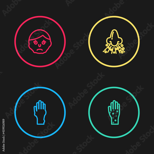 Set line Hand with psoriasis or eczema, , Runny nose and Inflammation on face icon. Vector