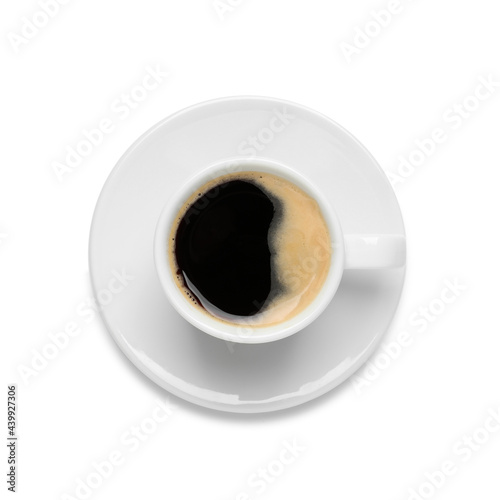 Cup of black aromatic coffee on white background, top view