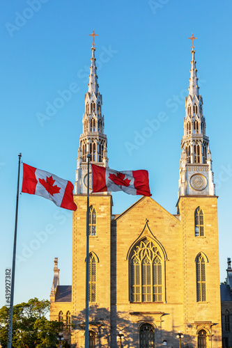 Canadian flags in front of the Notre-Dame Cathedral Basilica in Ottawa, Canada