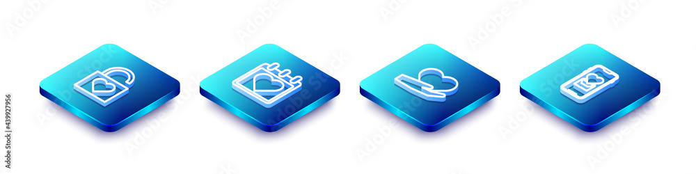 Set Isometric line Lock and heart, Calendar with, Heart in hand and Mobile icon. Vector Set Isometric line Lock and heart, Calendar with, Heart in hand and Mobile icon. Vector