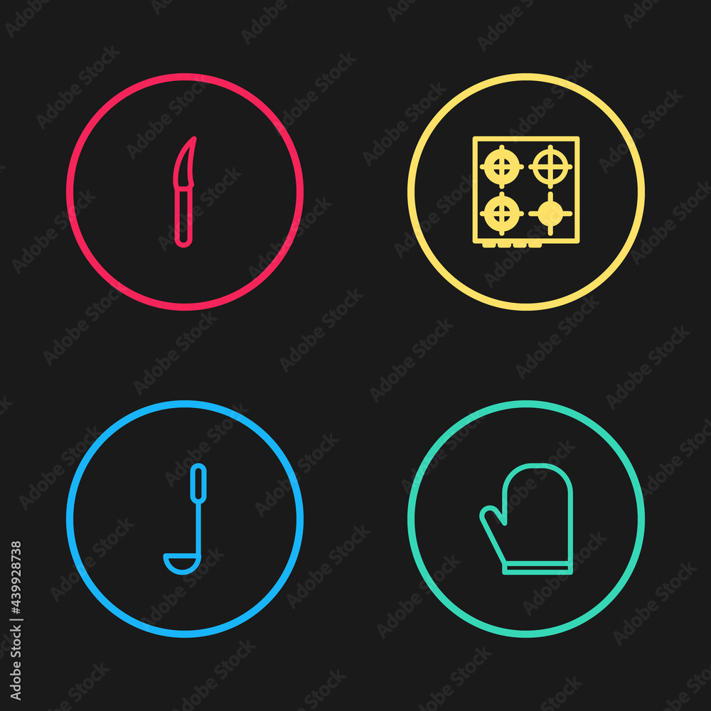Set line Kitchen ladle, Oven glove, Gas stove and Knife icon. Vector Set line Kitchen ladle, Oven glove, Gas stove and Knife icon. Vector