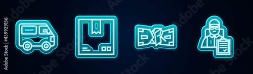 Set line Delivery cargo truck vehicle, Cardboard box with traffic symbol, Crumpled paper money cash and man cardboard boxes. Glowing neon icon. Vector
