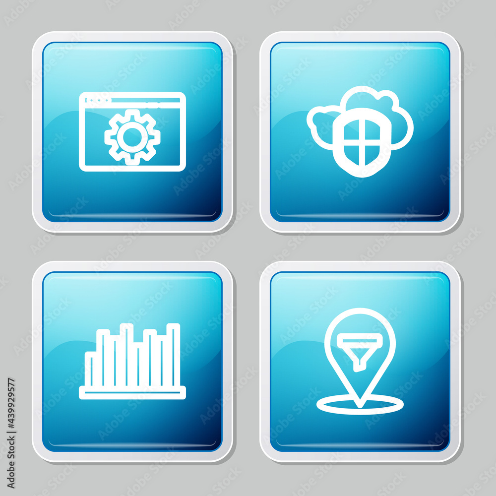 Set line Browser setting, Cloud and shield, Pie chart infographic and Location with sales funnel icon. Vector