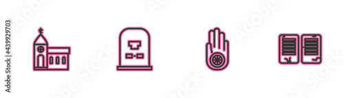 Set line Church building, Jainism or Jain Dharma, Tombstone with RIP written and The commandments icon. Vector