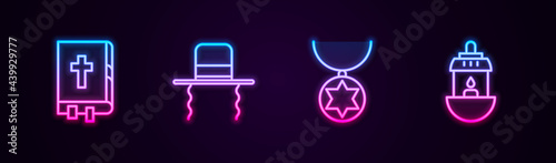 Set line Holy bible book, Orthodox jewish hat with sidelocks, Star of David necklace on chain and Ramadan Kareem lantern. Glowing neon icon. Vector
