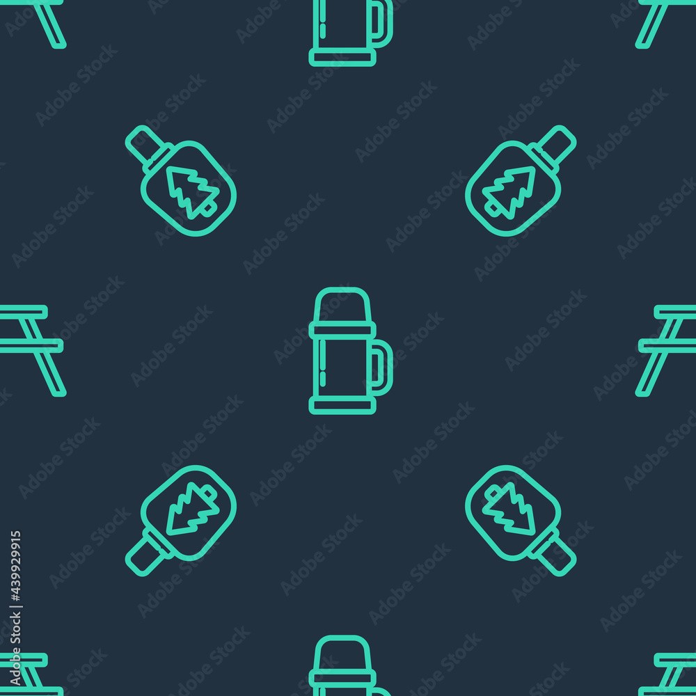 Set line Thermos container, Canteen water bottle and Picnic table with benches on seamless pattern. Vector Set line Thermos container, Canteen water bottle and Picnic table with benches on seamless pattern. Vector
