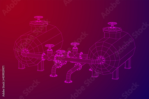 Oil tank storage of flammable materials and pipeline with valve. Finance economy polygonal petrol production. Petroleum fuel industry transportation line. Wireframe low poly mesh vector illustration.