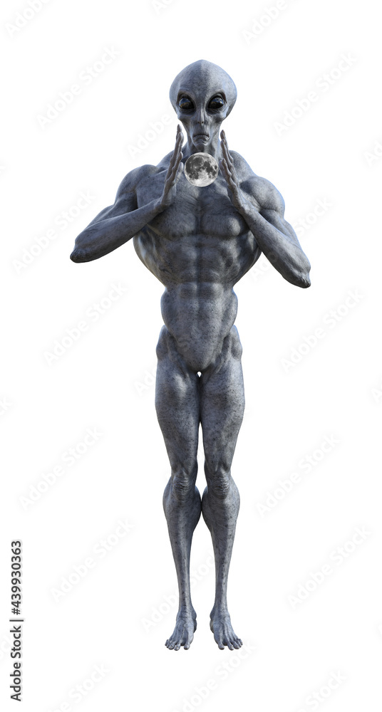 Illustration of a grey alien with a toned muscular body holding a moon between his hands.