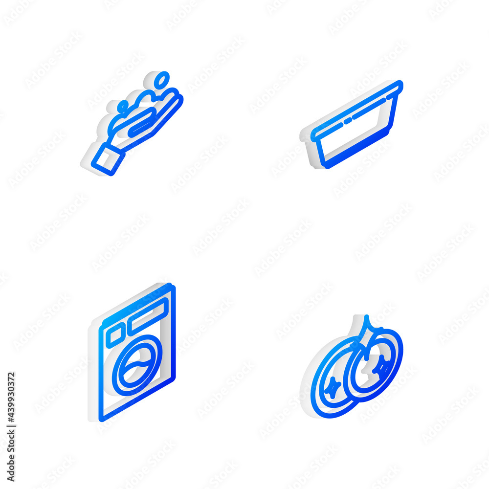 Set Isometric line Plastic basin, Washing hands with soap, Washer and dishes icon. Vector Set Isometric line Plastic basin, Washing hands with soap, Washer and dishes icon. Vector