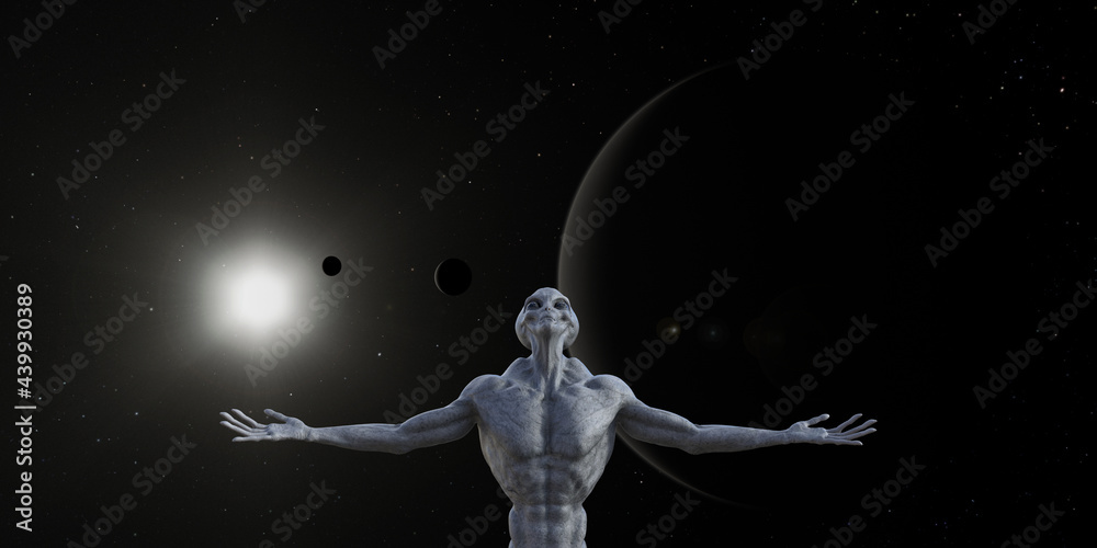 Illustration of a muscled grey alien with arms outstretched looking upward against a space background.