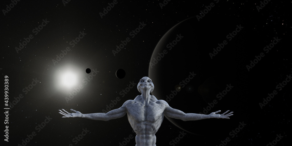 Illustration of a muscled grey alien with arms outstretched looking upward against a space background. Illustration of a muscled grey alien with arms outstretched looking upward against a space background.