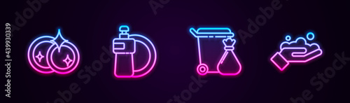 Set line Washing dishes, Dishwashing liquid bottle and plate, Trash can garbage bag and hands with soap. Glowing neon icon. Vector