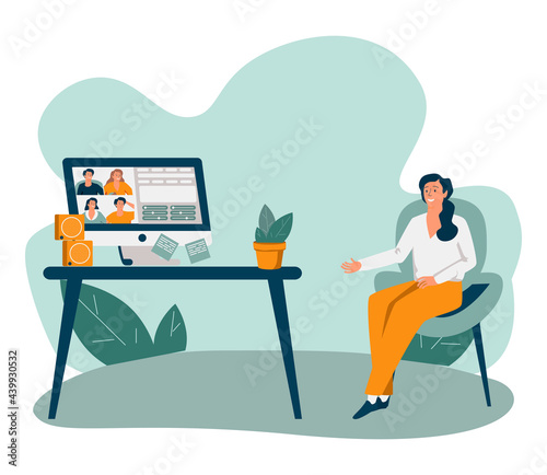Young woman having videoconference with colleagues. Corporate video call, distant discussion. Friends talking online. Concept of teamwork during quarantine. Vector illustration in flat cartoon style