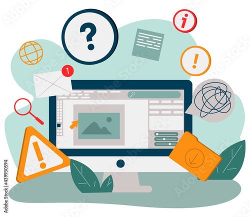 Cartoon computer monitor with many internet notifications vector flat illustration. Modern device with overwhelmed letters, calls, text messages and emails isolated. Desktop with important duty task