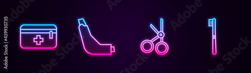 Set line First aid kit, Inhaler, Medical scissors and Toothbrush. Glowing neon icon. Vector