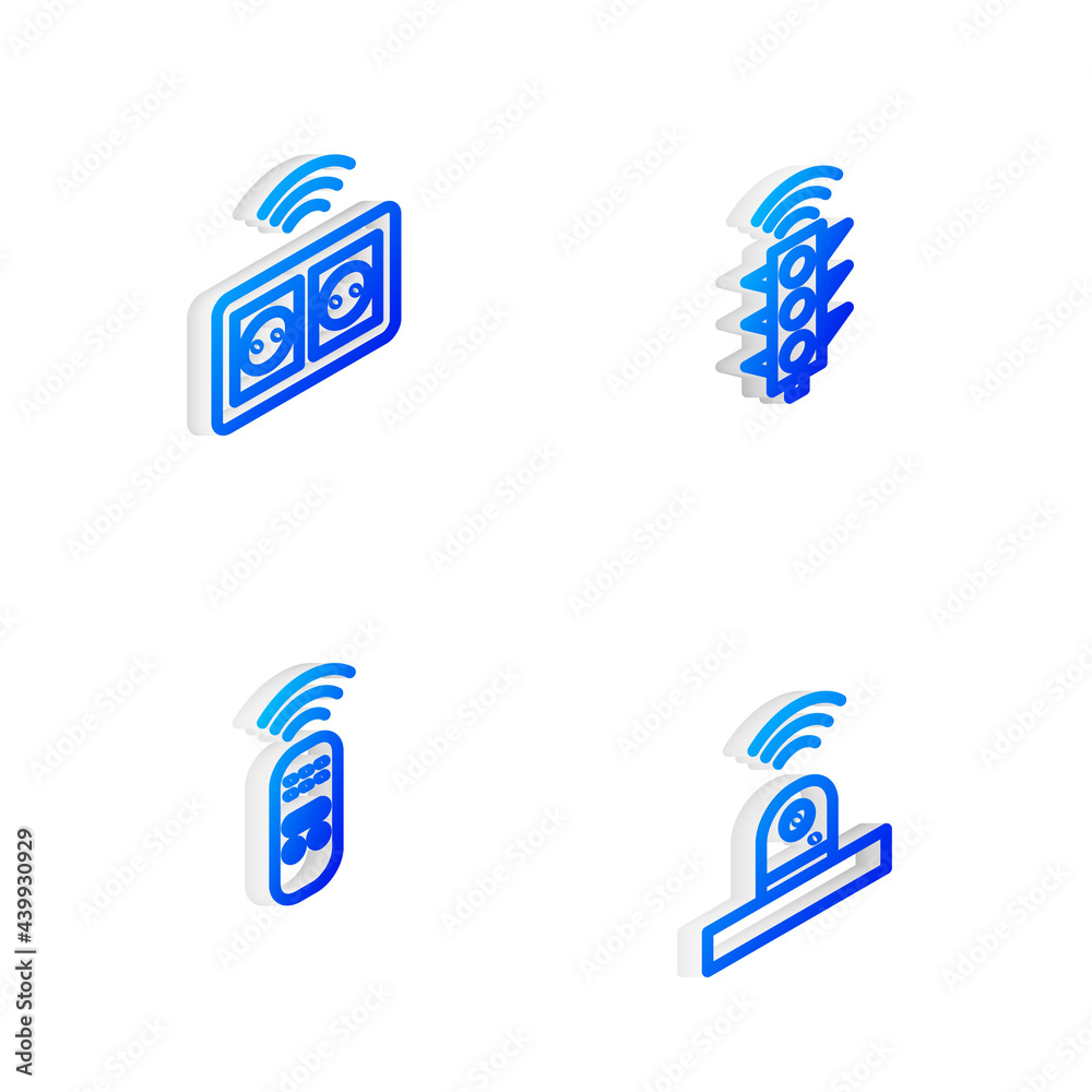 Set Isometric line Smart traffic light, electrical outlet, remote control and security camera icon. Vector Set Isometric line Smart traffic light, electrical outlet, remote control and security camera icon. Vector