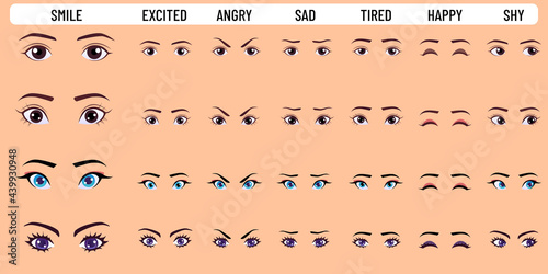 Cartoon woman Eye Collection Expressing Different Emotions