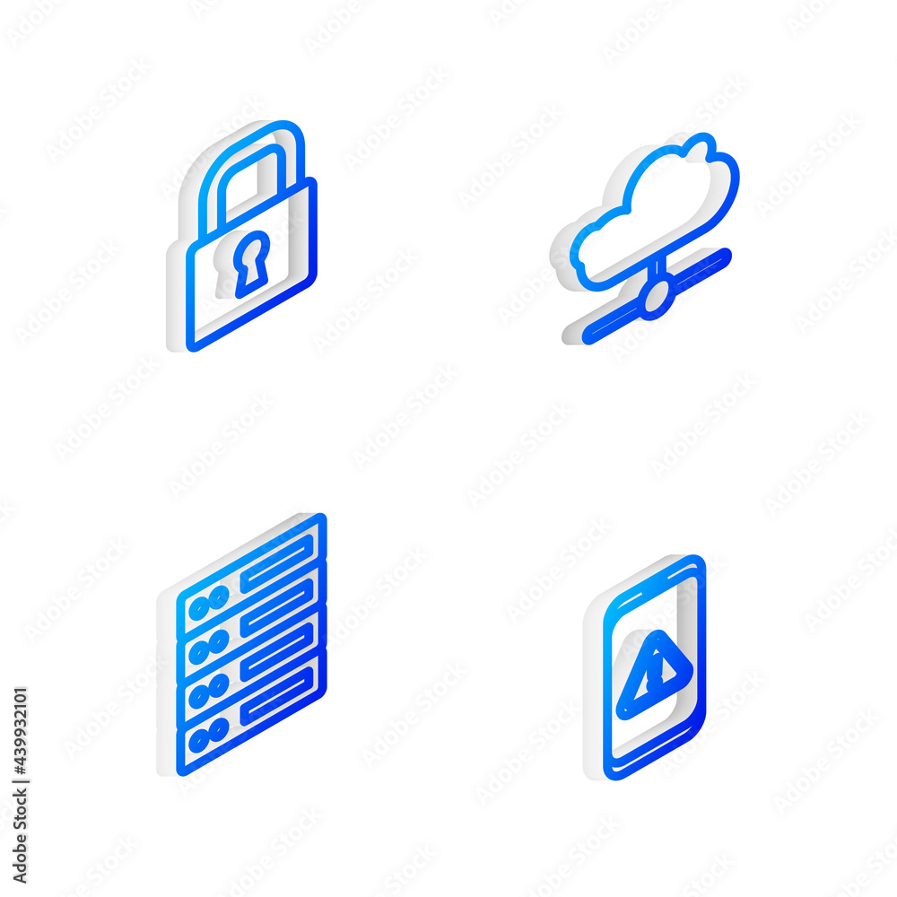 Set Isometric line Network cloud connection, Lock, Server, Data, Web Hosting and Mobile with exclamation mark icon. Vector Set Isometric line Network cloud connection, Lock, Server, Data, Web Hosting and Mobile with exclamation mark icon. Vector