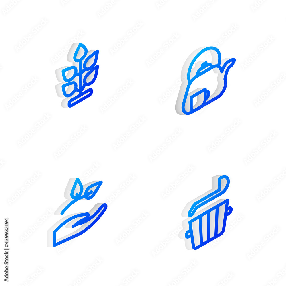 Set Isometric line Teapot with cup, Plant, Leaf in hand and Sauna bucket ladle icon. Vector Set Isometric line Teapot with cup, Plant, Leaf in hand and Sauna bucket ladle icon. Vector