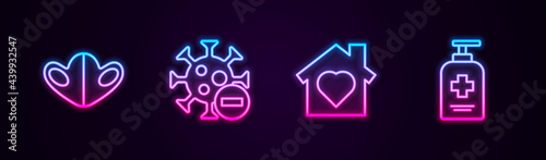 Set line Medical protective mask, Negative virus, House with heart inside and Liquid antibacterial soap. Glowing neon icon. Vector