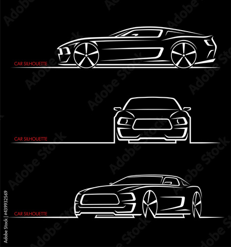 Set of muscle car silhouettes. Sports car contours, logo design templates. Side, front, three-quarter view. Vector illustration.
