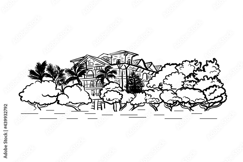 Obraz premium sketch of hotel building among palms and trees graphic black hand drawn vector illustration