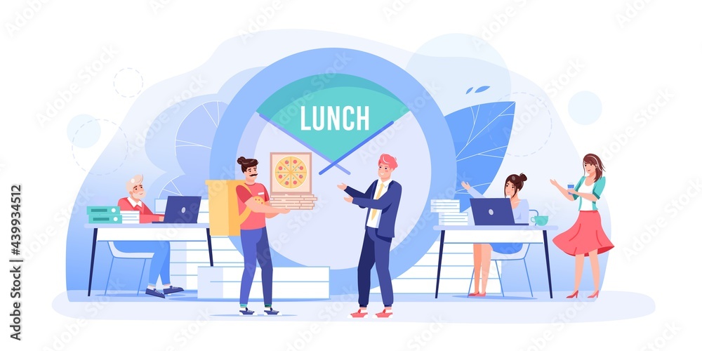 Vector cartoon flat employee characters at food break.Employees office workers at lunch time,colleagues receive pizza delivery order,rest,talk,communicate-workflow situations web site banner concept