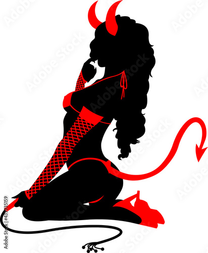 Sexy Devil Girl Silhouette With Whip. Vector Flat Design Illustration Isolated On Transparent Background