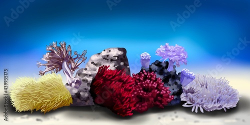 Fototapeta Naklejka Na Ścianę i Meble -  Coral reef. Different color polyps. Hand drawn watercolor illustration on white background