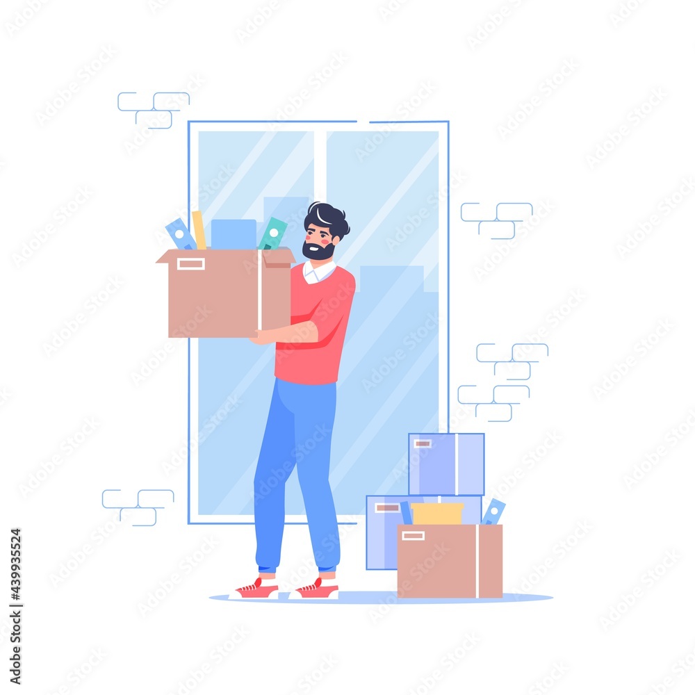 Vector cartoon flat office character at new workplace.Successful employee happy man equips new workspace,carries boxes-new job, ideas,opportunities,professional workflow,web site banner concept