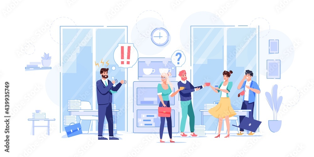 Vector cartoon flat boss manager,office workers characters in work conflict scene.Angry boss shout at bad employees,deadline failure-office work stress situation,web site banner concept