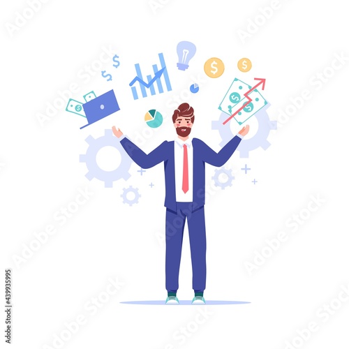 Vector cartoon flat office worker character performs work tasks.Successful employee controls everything does all works in time perfectly-professional workflow time management web site banner concept