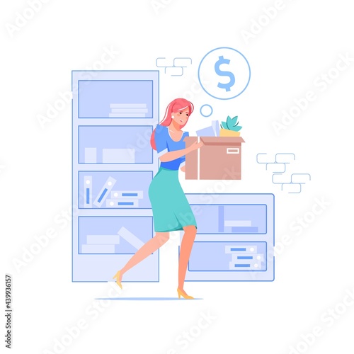 Vector cartoon flat office character at new workplace.Successful employee happy girl equips new workspace,carries boxes-new job, ideas,opportunities,professional workflow,web site banner concept