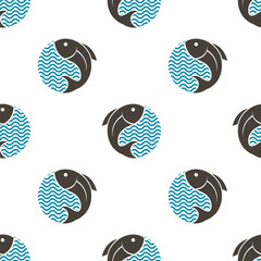 Fototapete Maritime Tiermuster Fische und Wellen Maritimes Wassermuster  © Alexkava