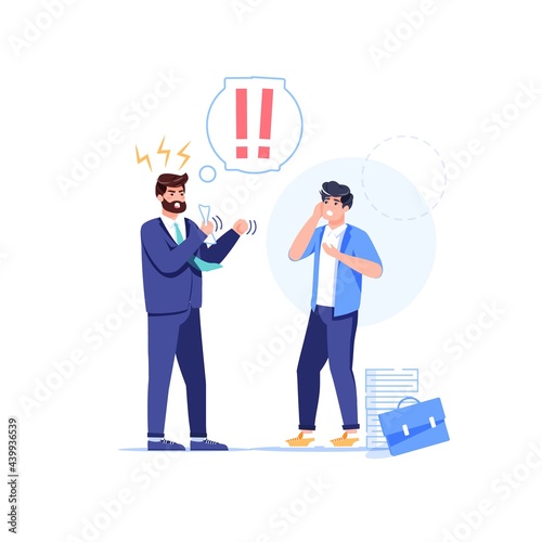 Vector cartoon flat boss manager,office worker characters in work conflict scene.Angry boss shout at bad employee character,deadline failure-office work stress situation,web site banner concept