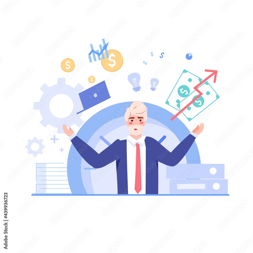 Vector cartoon flat office worker character performs work tasks.Successful employee controls everything,does all works in time perfectly-professional workflow,time management,web site banner concept Vector cartoon flat office worker character performs work tasks.Successful employee controls everything,does all works in time perfectly-professional workflow,time management,web site banner concept