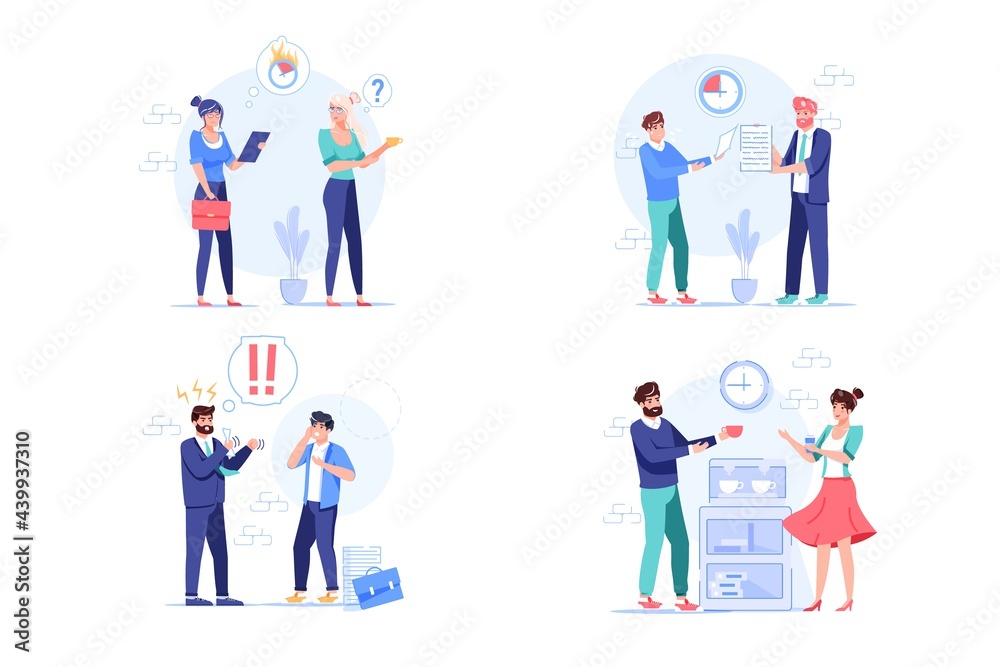 Set of vector cartoon flat employees characters at work scenes.Employees office workers in deadline time,report to boss,at lunch break- workflow situations web site banner concept