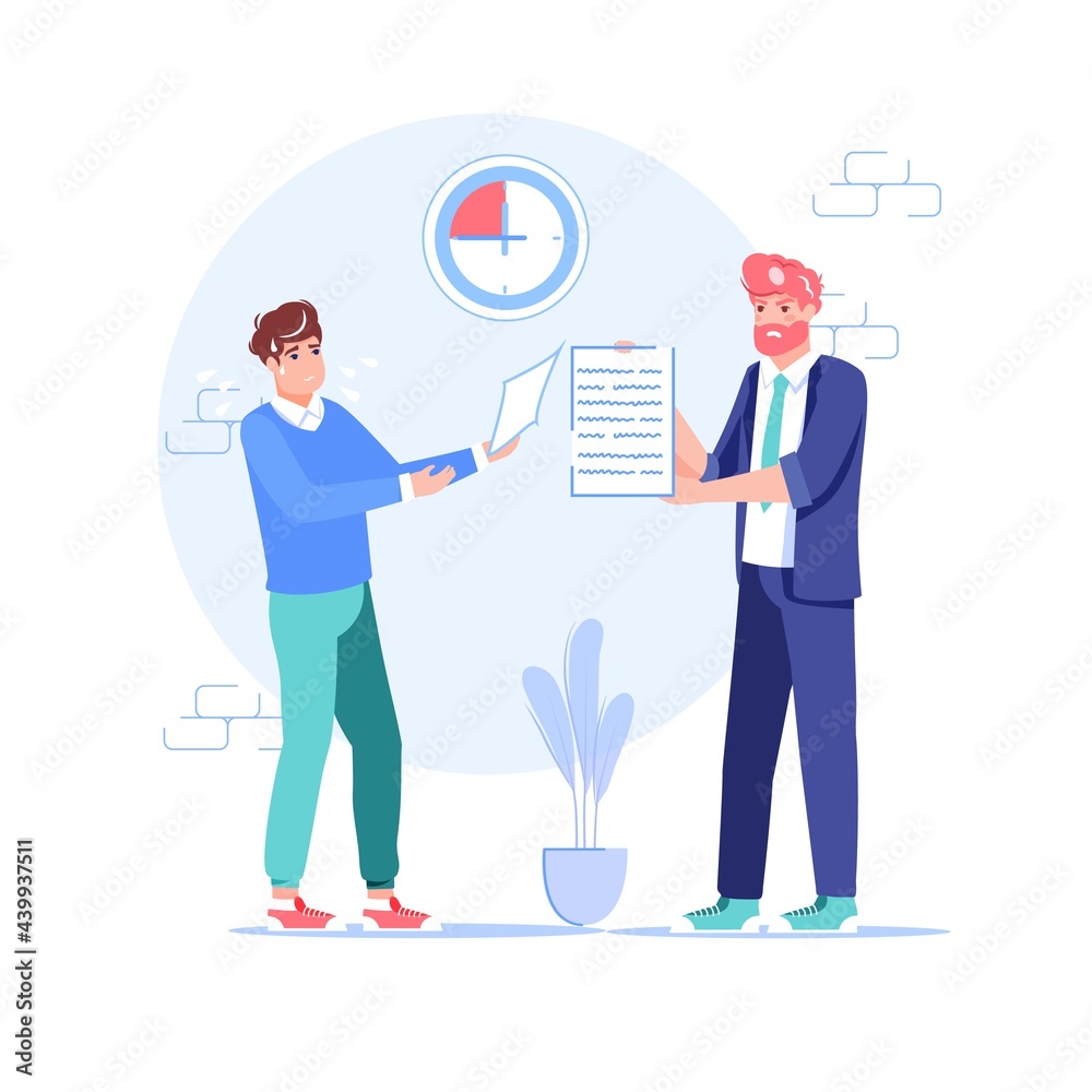 Vector cartoon flat boss manager,office worker characters in work conflict scene.Angry boss unhappy with bad employee character,deadline failure-office work stress situation,web site banner concept Vector cartoon flat boss manager,office worker characters in work conflict scene.Angry boss unhappy with bad employee character,deadline failure-office work stress situation,web site banner concept