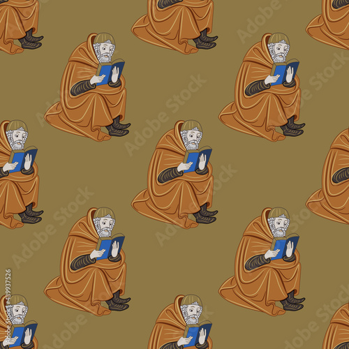 Seamless repeating pattern with sitting medieval man reading a book. Illuminated manuscript motif.