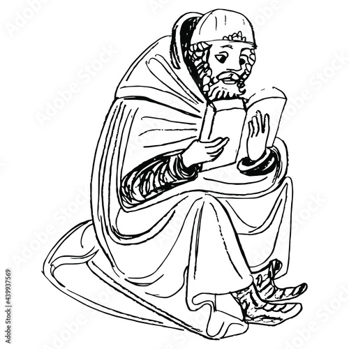Sitting medieval man reading a book. Illuminated manuscript motif. Black and white silhouette. Hand drawn doodle sketch.  Isolated vector illustration. 