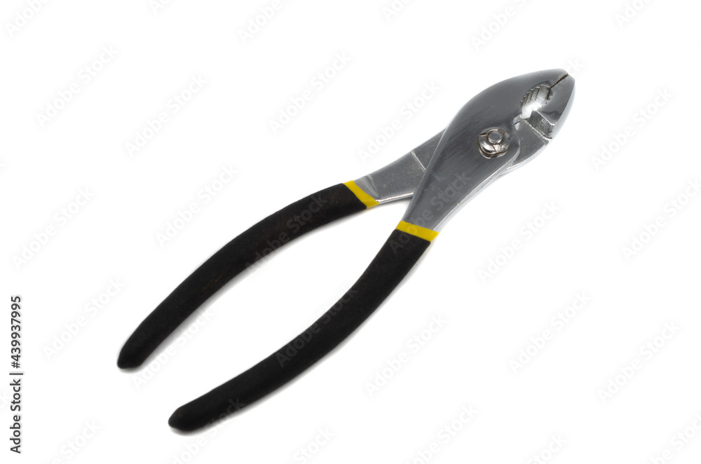 steel mechanical clamp with plastic handle on white background, caliper concept steel mechanical clamp with plastic handle on white background, caliper concept
