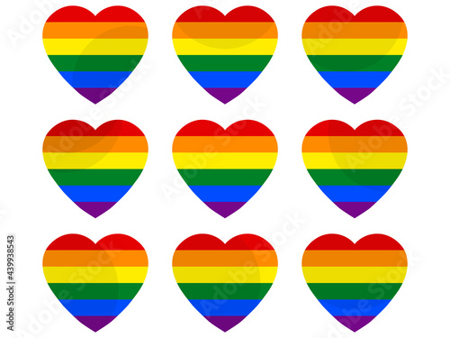 Hearts with LGBT rainbow flag, icon set. LGBT flag. Festival of sexual minorities, gays and lesbians, transgender people. Design for banner and poster. Vector illustration